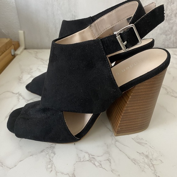 Steve Madden Girl Sandals Sz 10M Black‎ Microsuede Slingback Peep Square Toe - Picture 3 of 16